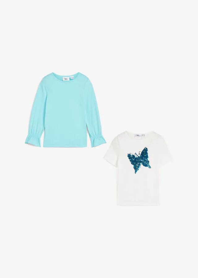 Camiseta de algodón orgánico para niñas (2 unidades) Blanco lana/celeste